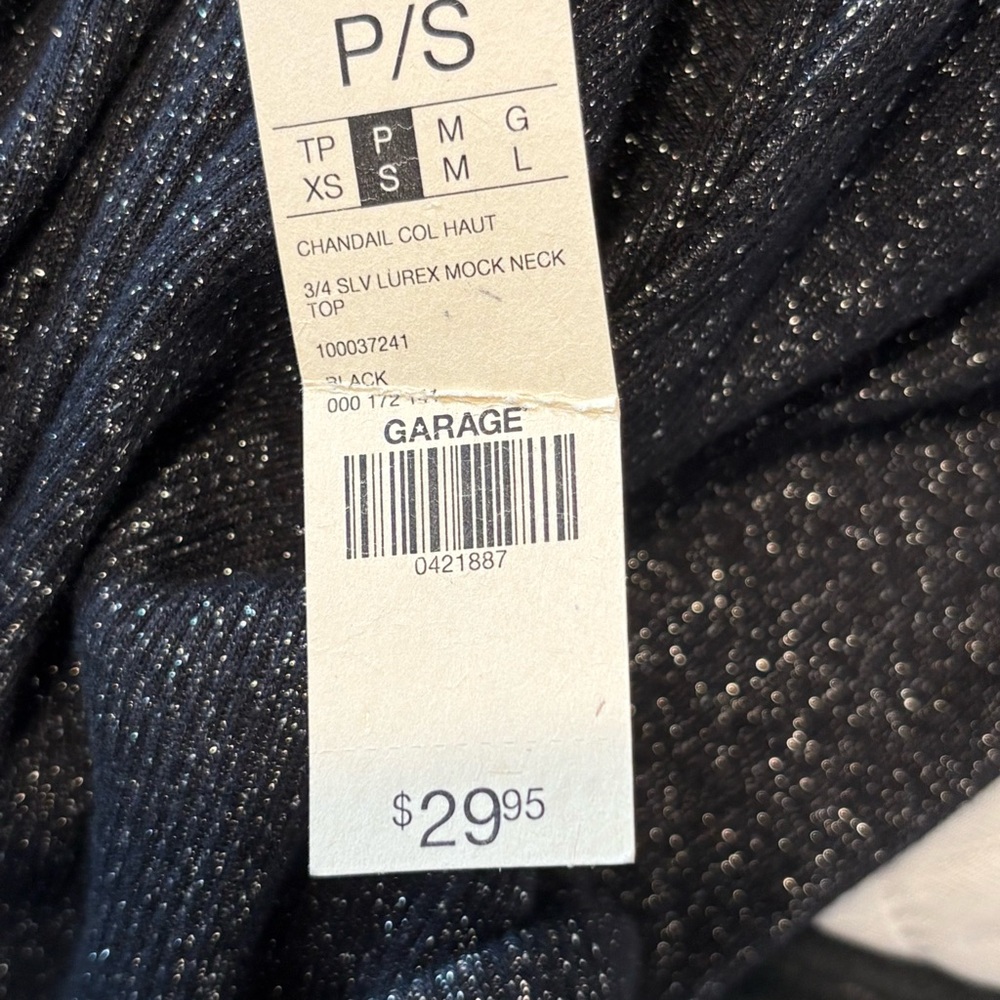 NWT Garage Women’s Mock Neck Shimmer Top, Size Small, Metallic Black, Luxe Feel - Picture 5 of 6